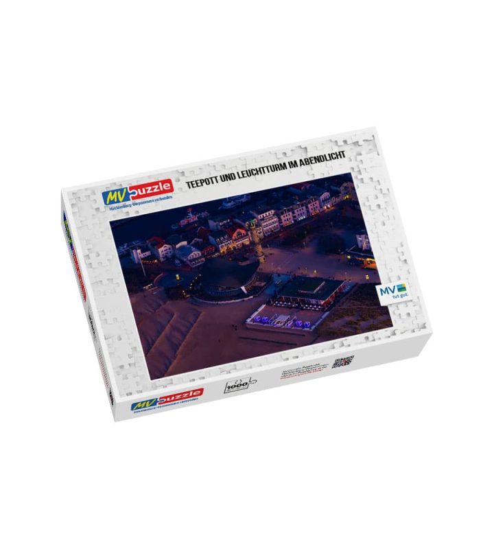 Puzzle Teepott und Leuchtturm im Abendlicht